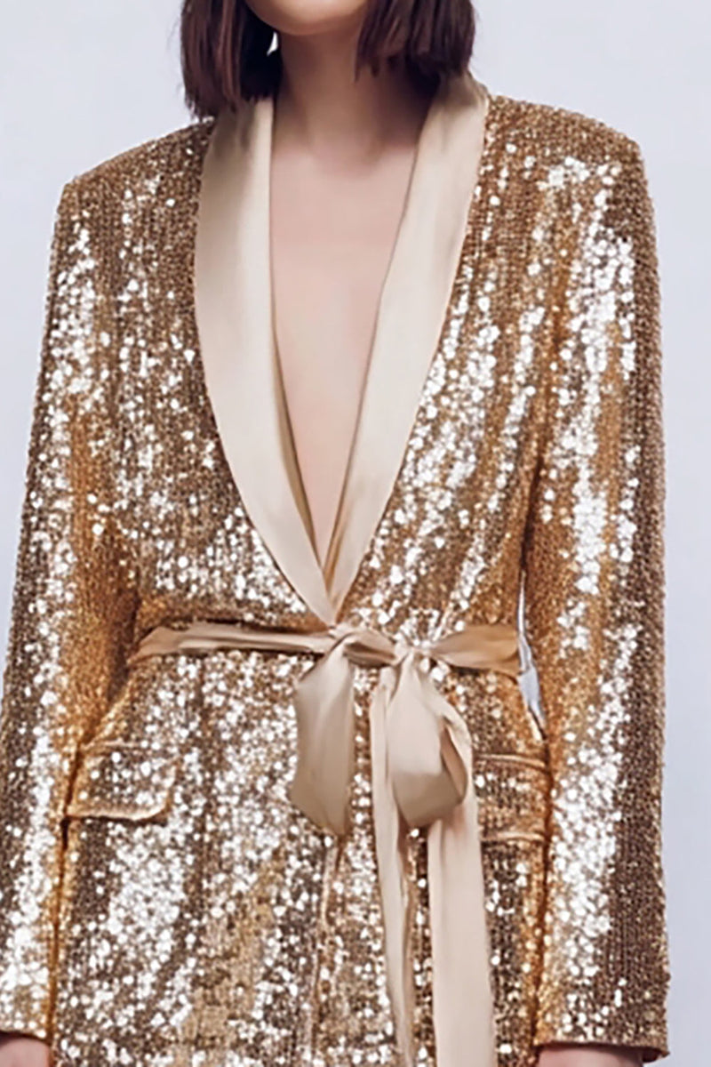 Load image into Gallery viewer, Sparkly Gold 2 Piece Sequins Women Prom Suits with Sash