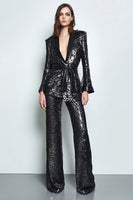 Load image into Gallery viewer, Sparkly 2 Piece Sequins Black Women Prom Suits with Sash