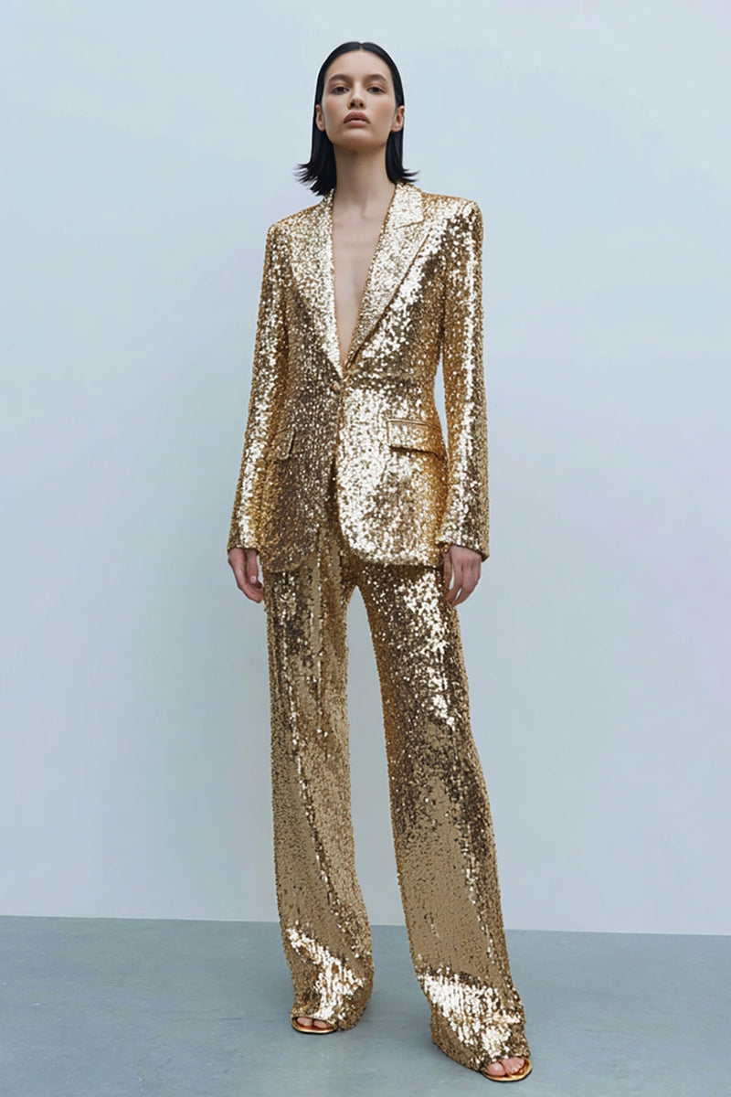 Load image into Gallery viewer, Sparkly Gold Sequins 2 Piece Women Prom Suits with Pockets