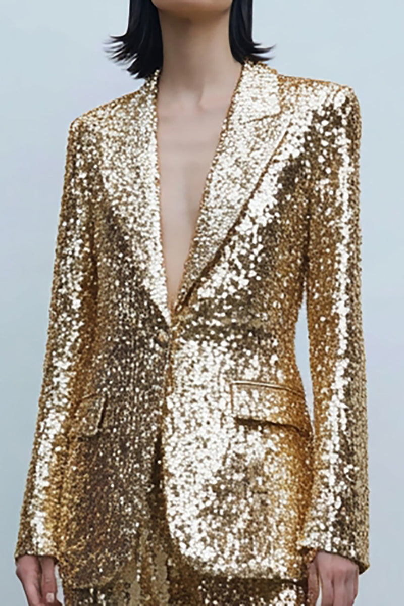 Load image into Gallery viewer, Sparkly Gold Sequins 2 Piece Women Prom Suits with Pockets