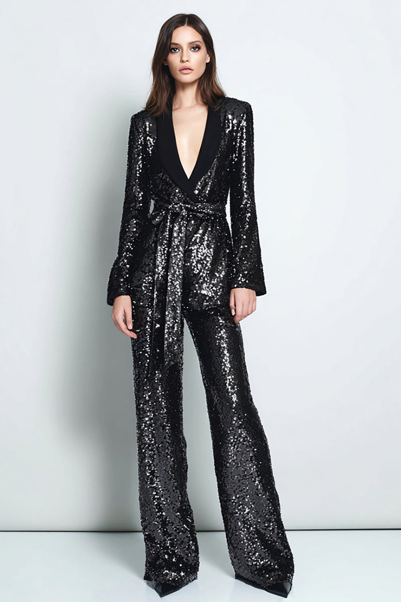 Load image into Gallery viewer, Sparkly Black Shawl Lapel Sequins 2 Piece Women Prom Suits