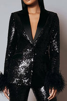 Load image into Gallery viewer, 2 Piece Sparkly Sequins Black Women Prom Suits with Feathers