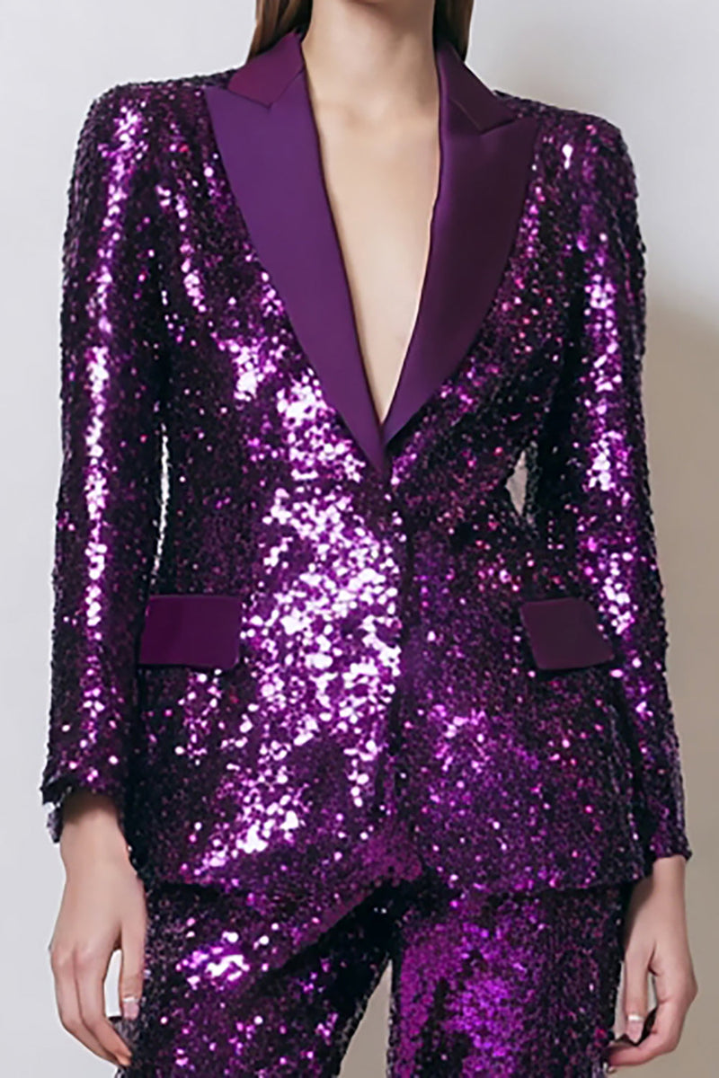 Load image into Gallery viewer, 2 Piece Sparkly Dark Purple Women Sequins Prom Suits with Pockets