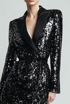 Sparkly Black Bodycon Sequins Peak Lapel Women Blazer