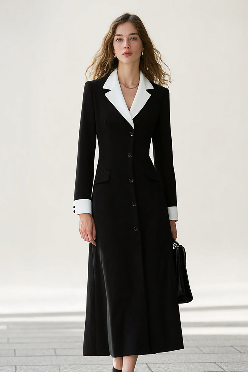Load image into Gallery viewer, Black and White A Line Notched Lapel Long Blazer Dress