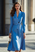 Load image into Gallery viewer, Blue Notched Lapel A Line Midi Blazer Dress with Sash