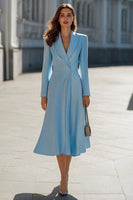 Load image into Gallery viewer, Women Sky Blue Satin Long Sleeves Blazer Dress Shawl Lapel A Line One Button Mid Work Dress