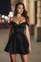 Load image into Gallery viewer, Black Satin A Line Off the Shoulder Short Cocktail Dress