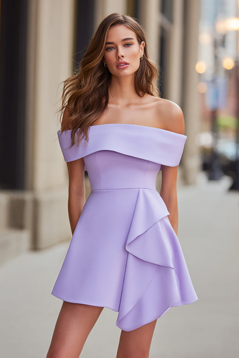 Load image into Gallery viewer, Lilac A Line Off the Satin Shoulder Short Cocktail Dress with Ruffles