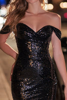 Load image into Gallery viewer, Sparkly Black Short Sequin Off the Shoulder Cocktail Dress