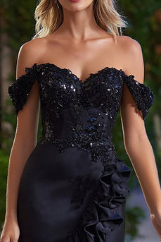 Sparkly Black Satin Tight Beaded Short Cocktail Dress with Ruffles