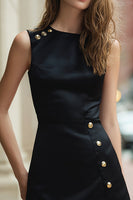 Load image into Gallery viewer, Black A Line Satin Crew Neck Short Cocktail Dress with Slit