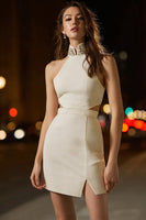 Load image into Gallery viewer, Ivory High Neck Tight Cut Out Short Cocktail Dress with Slit