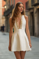 Load image into Gallery viewer, Ivory Deep V-Neck A Line Short Cocktail Dress