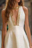 Load image into Gallery viewer, Ivory Deep V-Neck A Line Short Cocktail Dress
