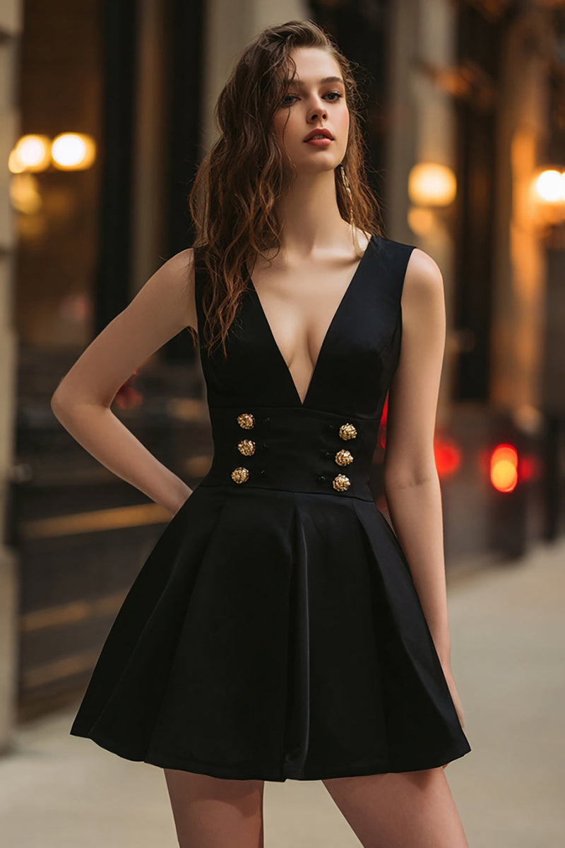 Load image into Gallery viewer, Black V-Neck A Line Short Cocktail Dress