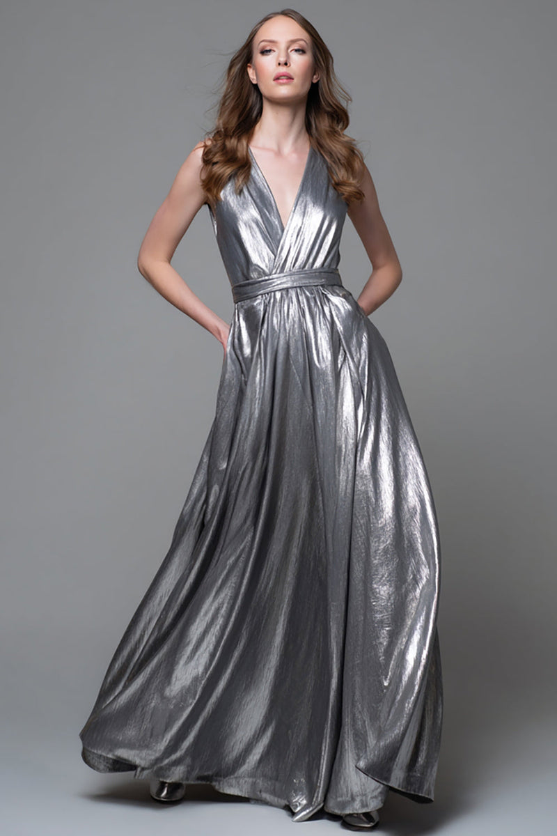 Load image into Gallery viewer, Sparkly Silver Metallic A-Line V-Neck Long Formal Dress