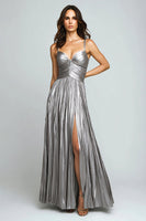 Load image into Gallery viewer, Silver Metallic Spaghetti Straps Pleated Long Formal Dress with Slit