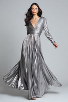 Load image into Gallery viewer, Sparkly Silver Metallic A-Line Pleated Long Formal Dress with Sleeves