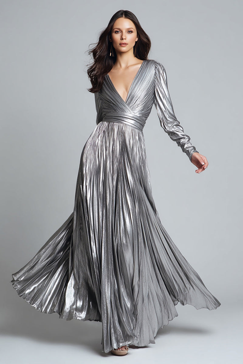 Load image into Gallery viewer, Sparkly Silver Metallic A-Line Pleated Long Formal Dress with Sleeves