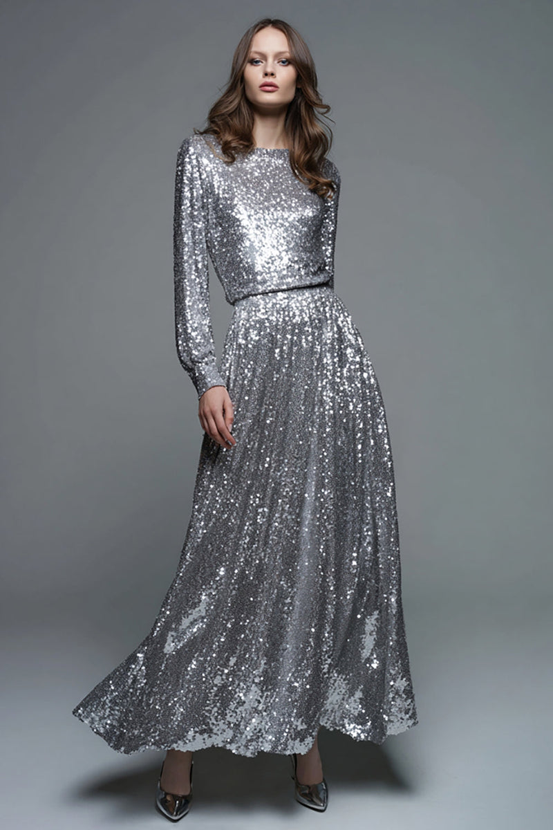 Load image into Gallery viewer, Sparkly Silver A-Line Sequin Long Formal Dress with Sleeves
