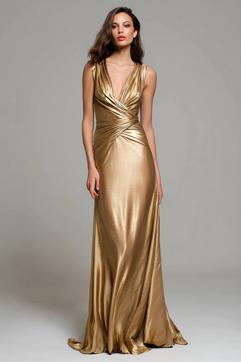 Queendancer Women Sparkly Gold Metallic Long Formal Dress V-Neck
