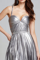 Load image into Gallery viewer, Sparkly Silver Metallic Spaghetti Straps Pleated A-Line Long Formal Dress