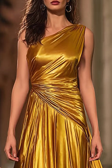 Sparkly Gold Metallic One Shoulder Ruched Long Formal Dress