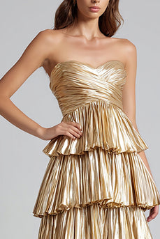 Sparkly Gold Sweetheart Pleated Metallic Ruffled Long Formal Dress
