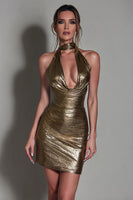 Load image into Gallery viewer, Women Sparkly Gold Metallic Short Cocktail Dress Ruched Halter Neck Tight Prom Dress