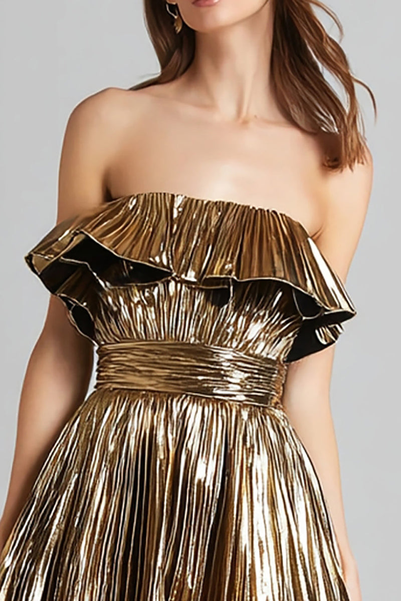 Load image into Gallery viewer, Sparkly Gold Metallic Strapless Pleated A-Line Short Cocktail Dress