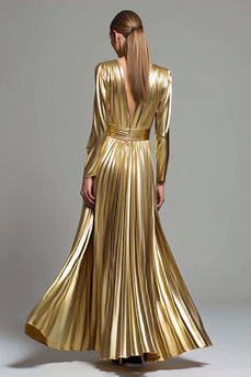 Sparkly Gold Metallic V-Neck Pleated A-Line Long Sleeves Formal Dress