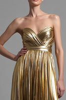 Load image into Gallery viewer, Sparkly Gold Metallic A-Line Sweetheart Pleated Long Formal Dress