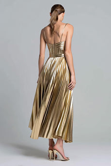 Sparkly Gold Metallic Spaghetti Straps A-Line Pleated Long Formal Dress
