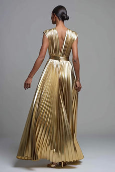 Sparkly Gold Metallic Deep V-Neck A-Line Pleated Long Formal Dress