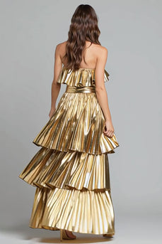 Sparkly Gold Metallic Pleated A-Line Ruffled Long Formal Dress