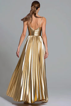 Sparkly Gold A-Line Metallic Spaghetti Straps Pleated Long Formal Dress