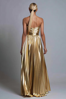 Sparkly Gold Metallic Strapless Pleated A-Line Long Formal Dress
