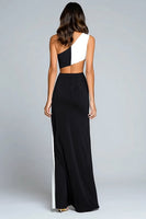 Load image into Gallery viewer, Black and White Satin One Shoulder Long Formal Dress with Slit