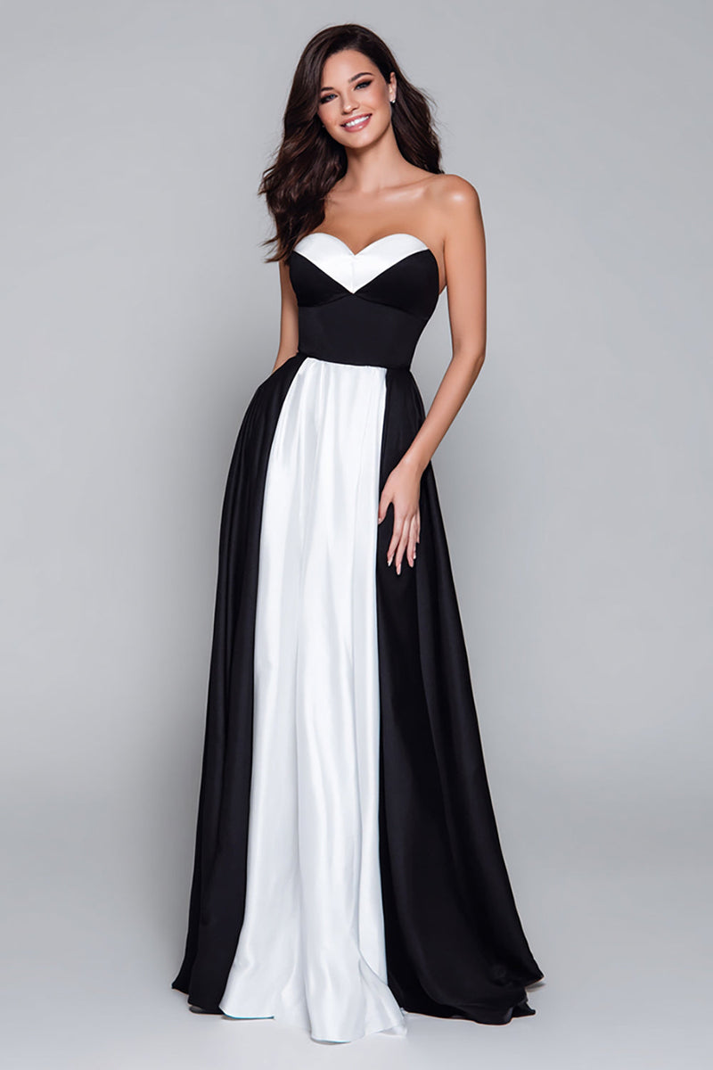 Load image into Gallery viewer, Black and White A Line Sweetheart Long Formal Dress