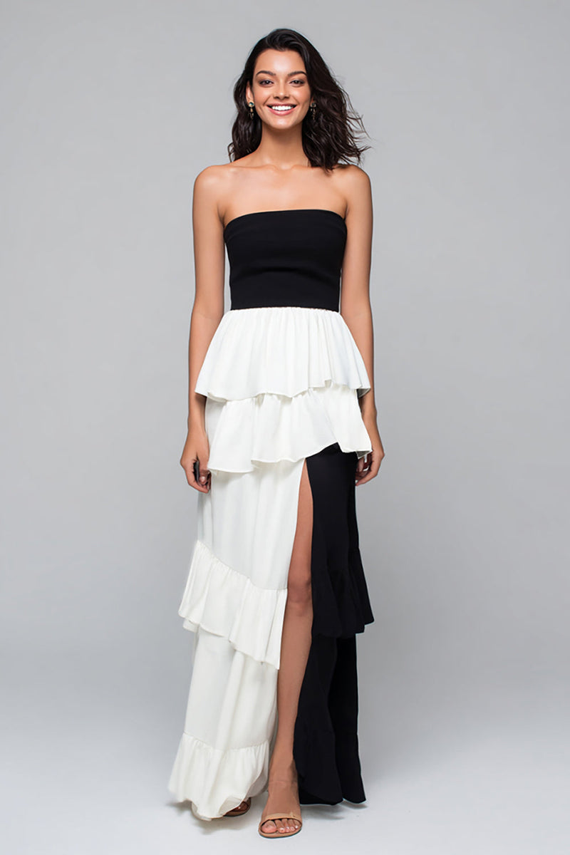 Load image into Gallery viewer, Black and White Tiered Strapless Long Formal Dress with Slit