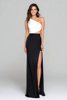 Load image into Gallery viewer, Black and White One Shoulder Sheath Long Formal Dress with Slit