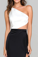 Load image into Gallery viewer, Black and White One Shoulder Sheath Long Formal Dress with Slit