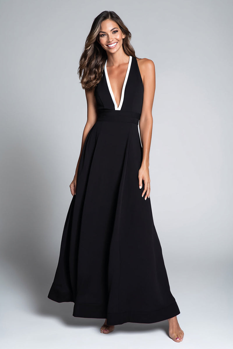Load image into Gallery viewer, Black and White A Line Deep V-Neck Long Formal Dress