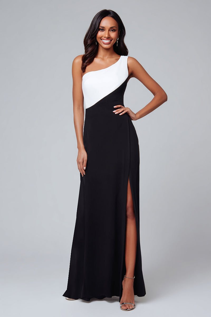 Load image into Gallery viewer, Black and White One Shoulder Patchwork Long Formal Dress with Slit