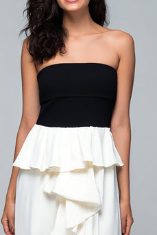 Black and White High-Low Strapless Formal Dress with Ruffles
