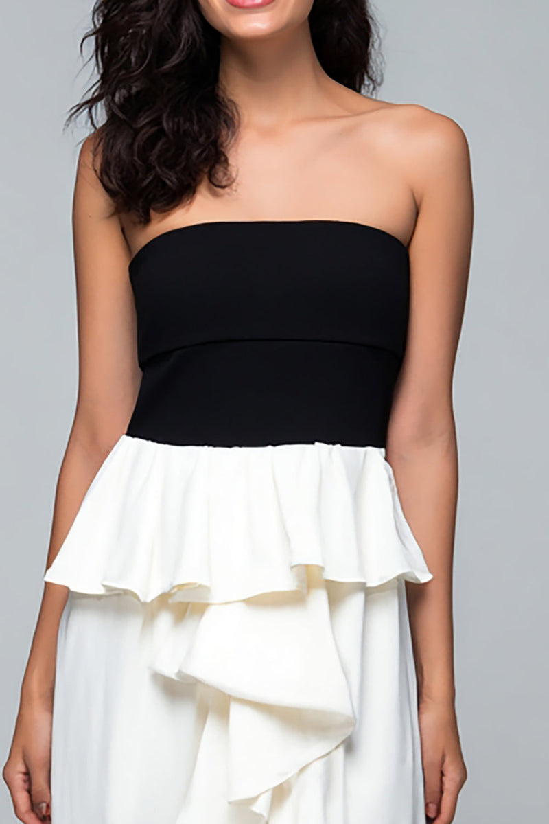 Load image into Gallery viewer, Black and White High-Low Strapless Formal Dress with Ruffles