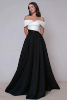 Load image into Gallery viewer, Black and White A Line Off the Shoulder Long Formal Dress