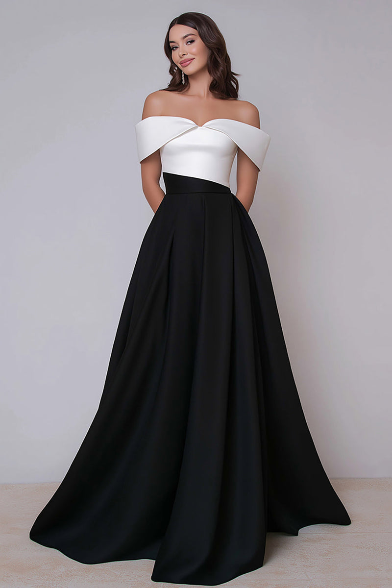 Load image into Gallery viewer, Black and White A Line Off the Shoulder Long Formal Dress