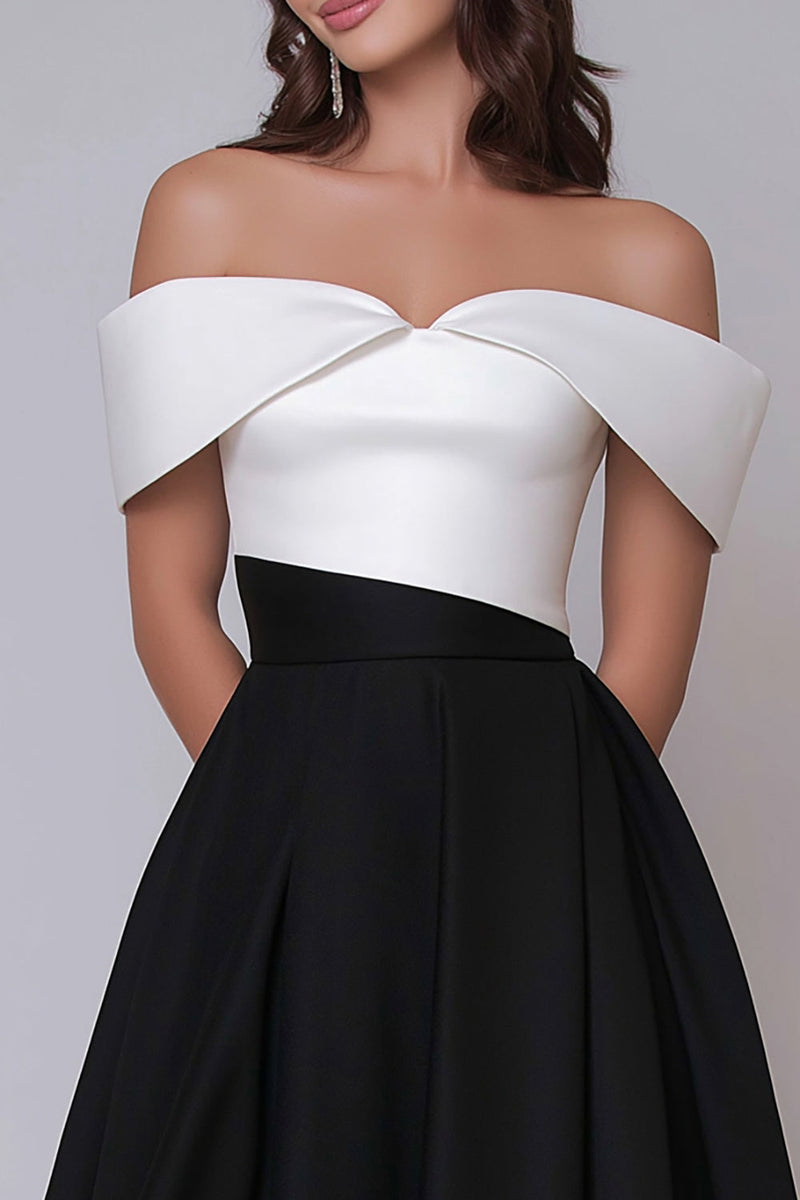 Load image into Gallery viewer, Black and White A Line Off the Shoulder Long Formal Dress